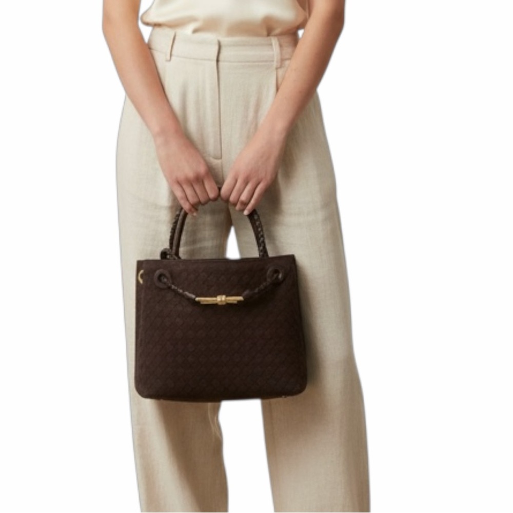 TU-LX Brown Woven “Verona” Satchel Vegan Suede Knot Top Handle Crossbody / NWT - Picture 6 of 7